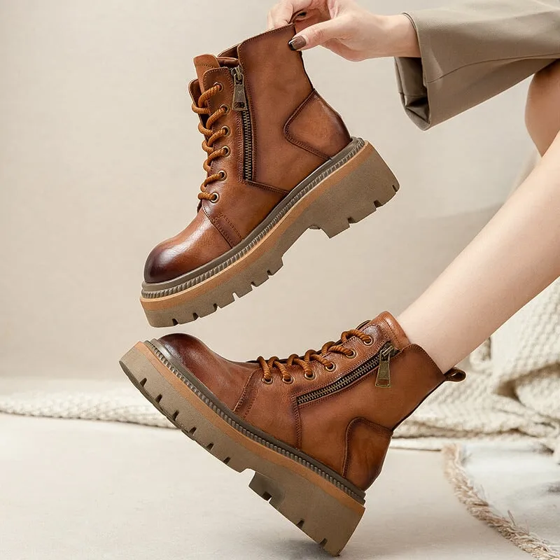 60mm Platform Boots Lace up Leather Martin Boots Big Toe Combat Boots in Green/Yellow/Coffee