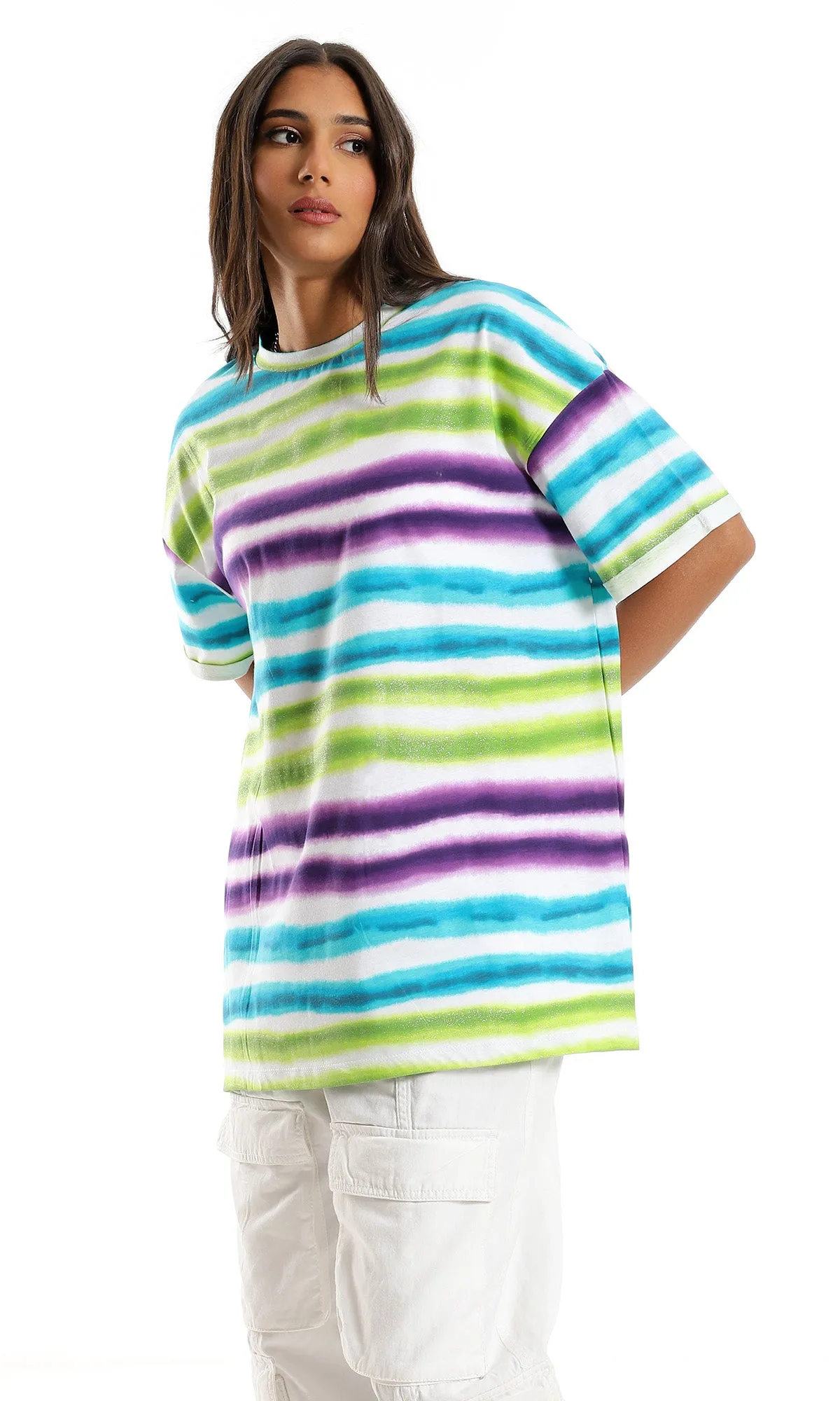 98059 Colorful Striped Over Sized T-Shirt - White, Green & Purple