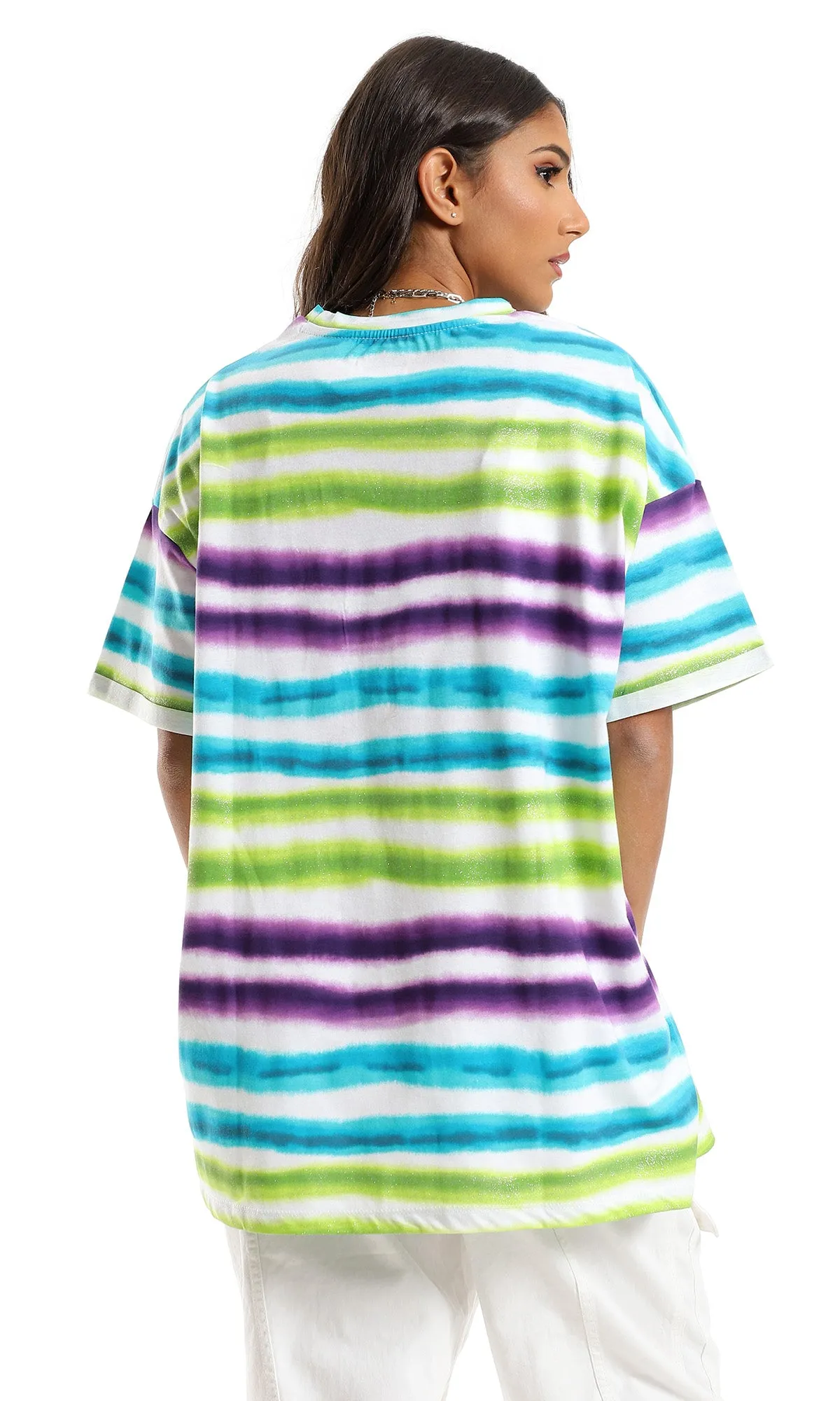 98059 Colorful Striped Over Sized T-Shirt - White, Green & Purple