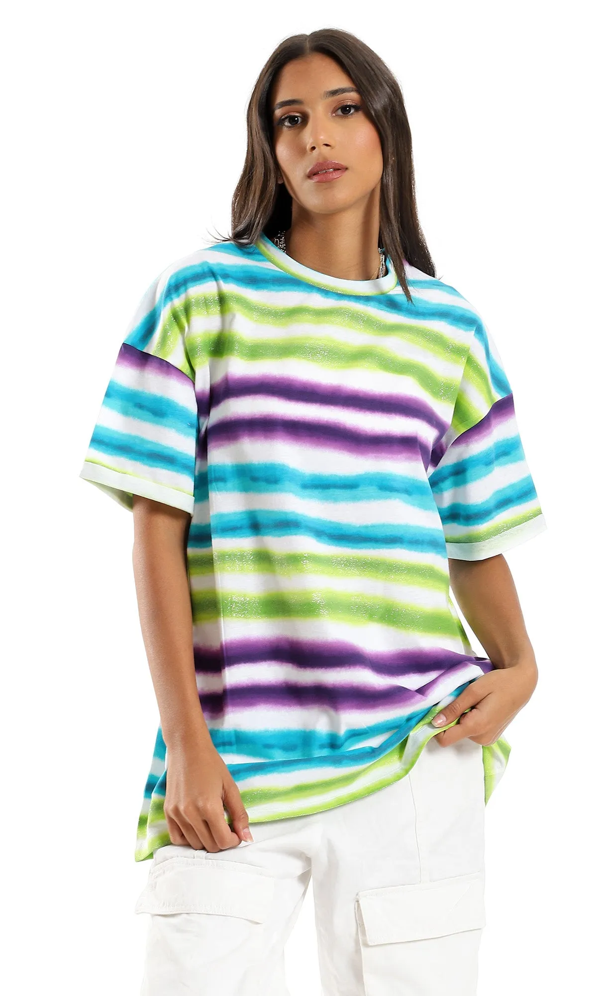 98059 Colorful Striped Over Sized T-Shirt - White, Green & Purple