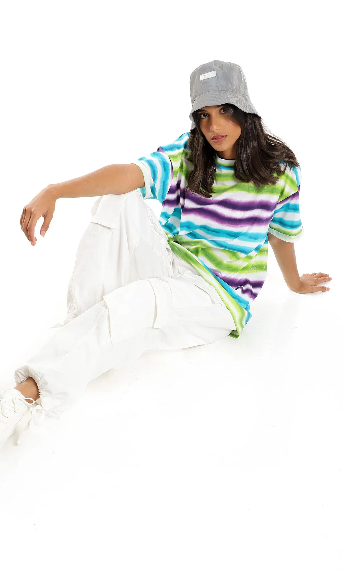 98059 Colorful Striped Over Sized T-Shirt - White, Green & Purple