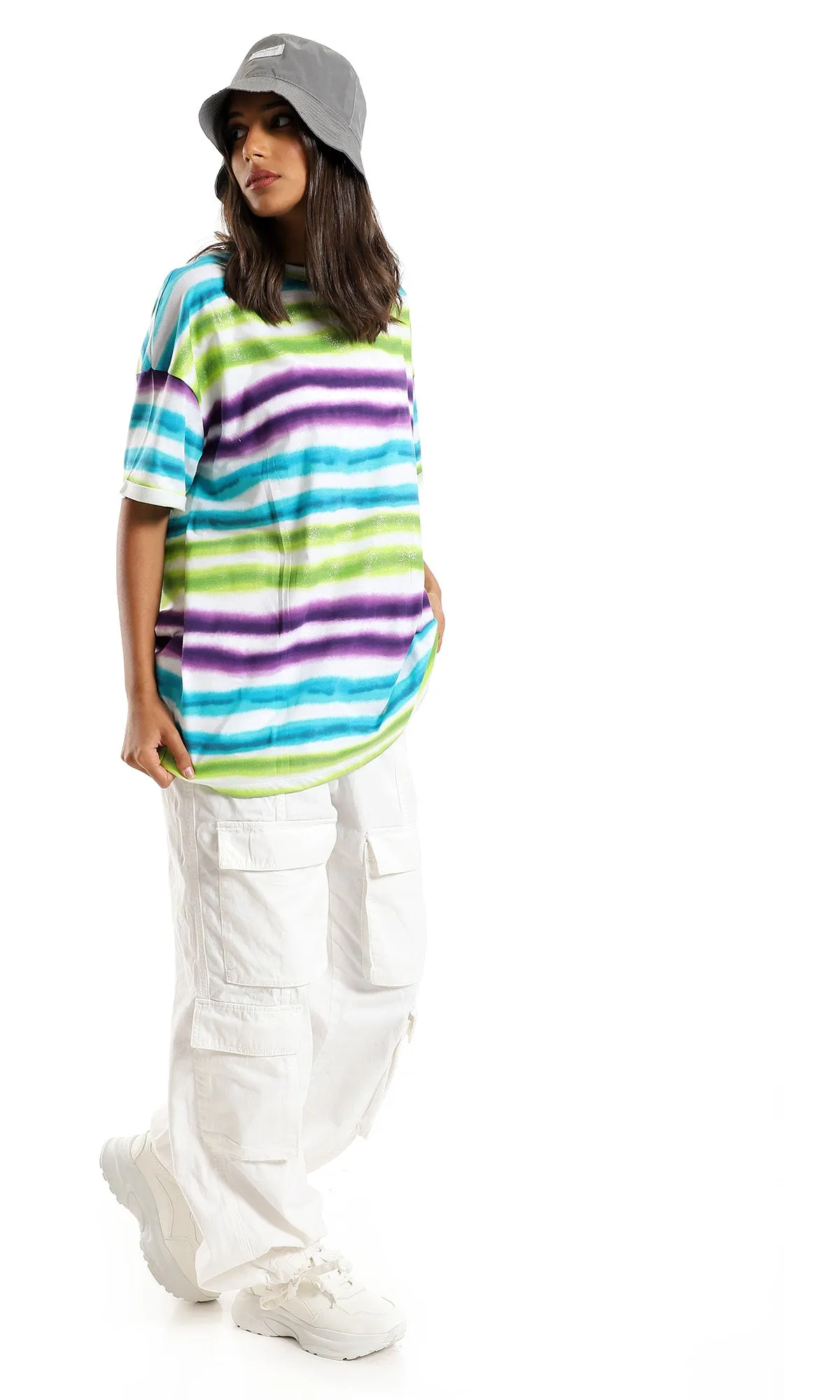 98059 Colorful Striped Over Sized T-Shirt - White, Green & Purple