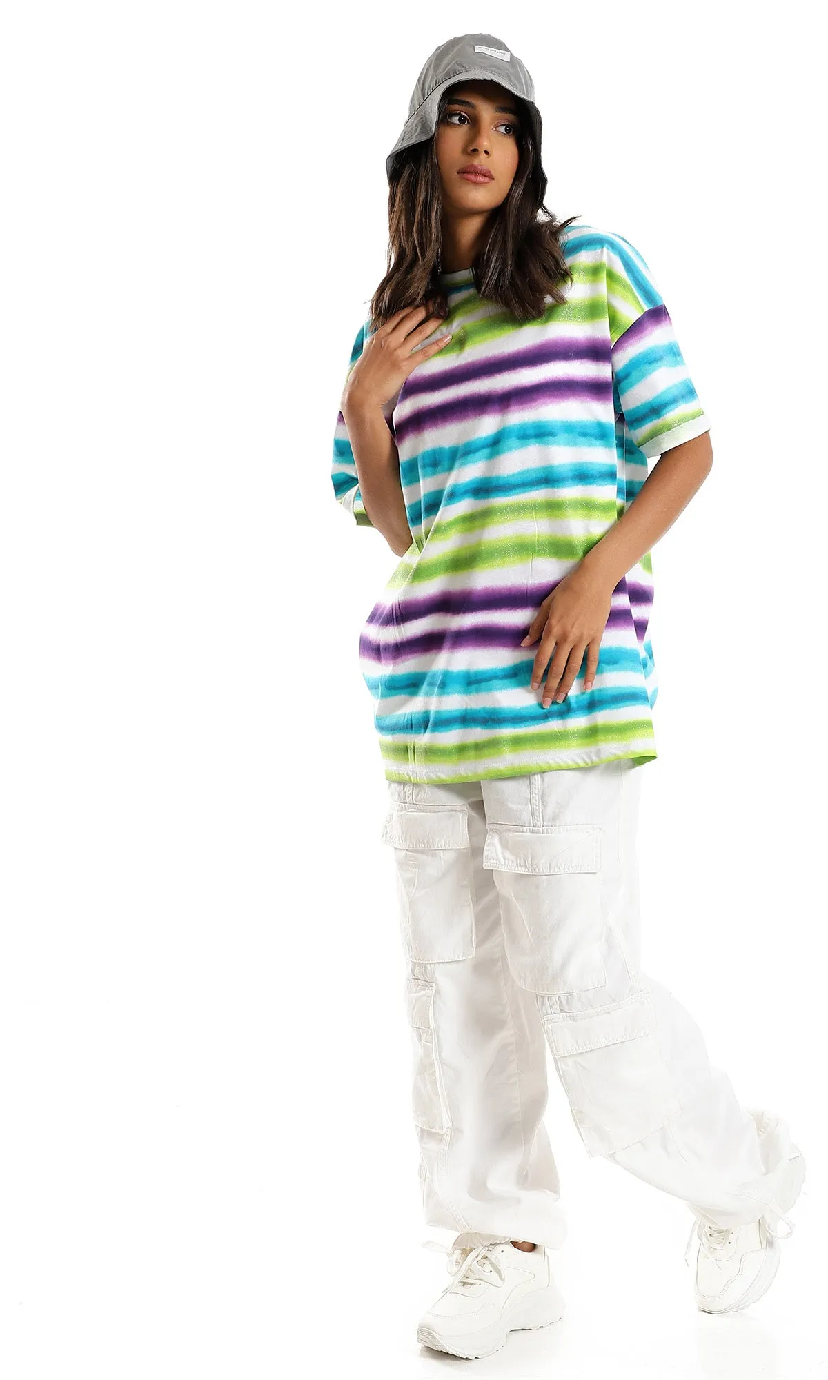 98059 Colorful Striped Over Sized T-Shirt - White, Green & Purple