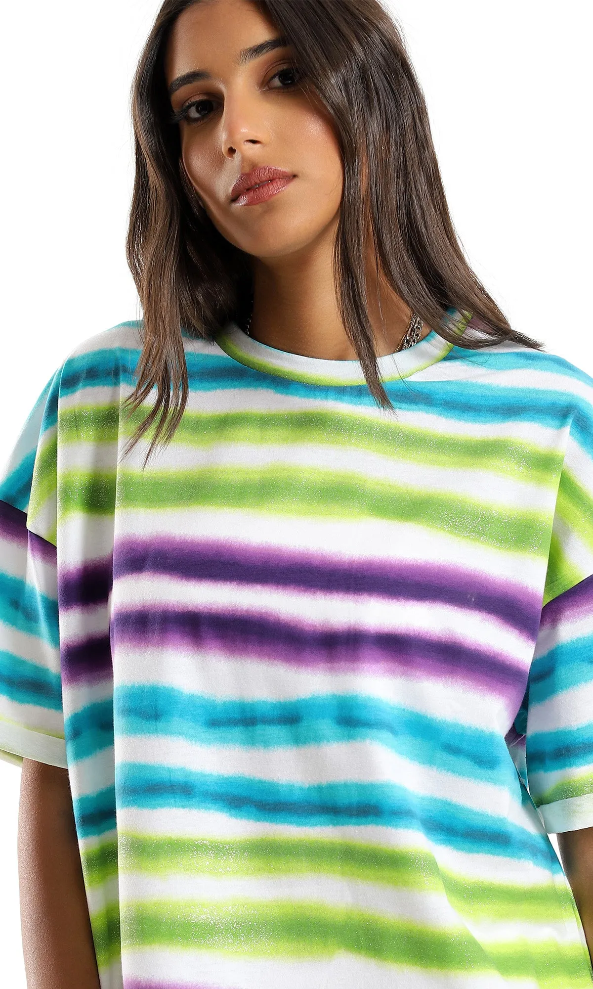 98059 Colorful Striped Over Sized T-Shirt - White, Green & Purple