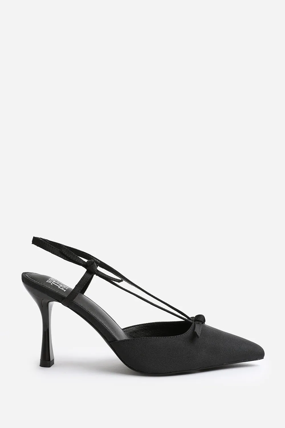 AVA HIGH HEEL WITH POINTED TOE AND STRAP DETAIL IN BLACK SATIN