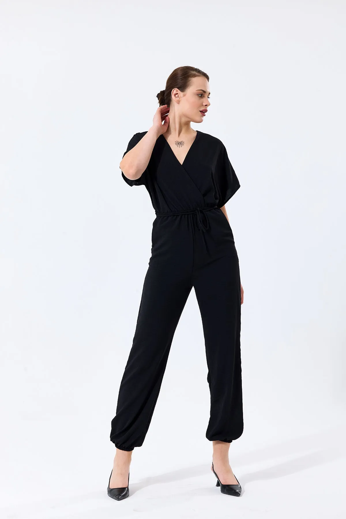 Batwing Sleeve Jumpsuit with Elastic Waist in Classic Black