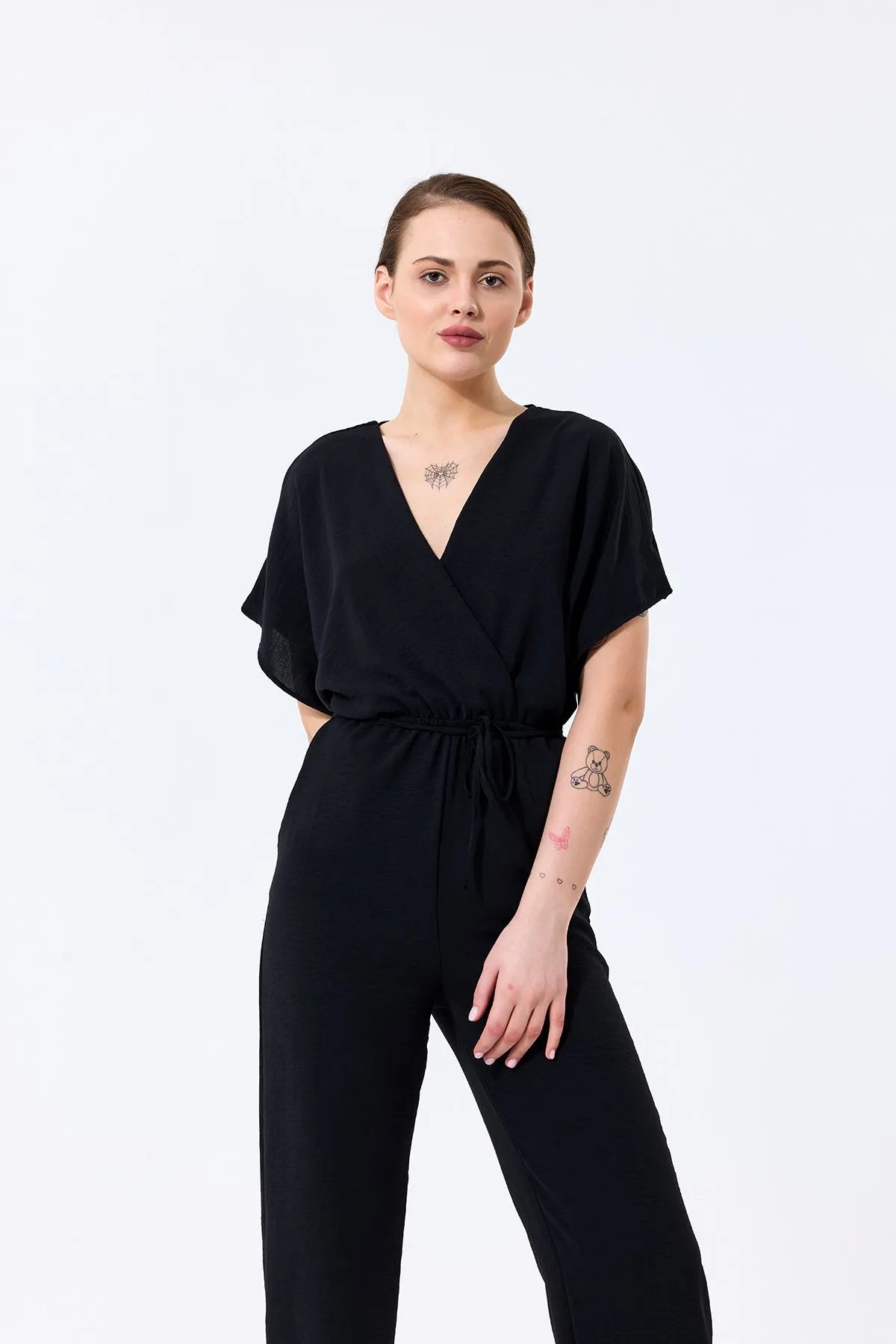 Batwing Sleeve Jumpsuit with Elastic Waist in Classic Black