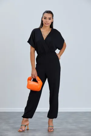 Batwing Sleeve Jumpsuit with Elastic Waist in Classic Black