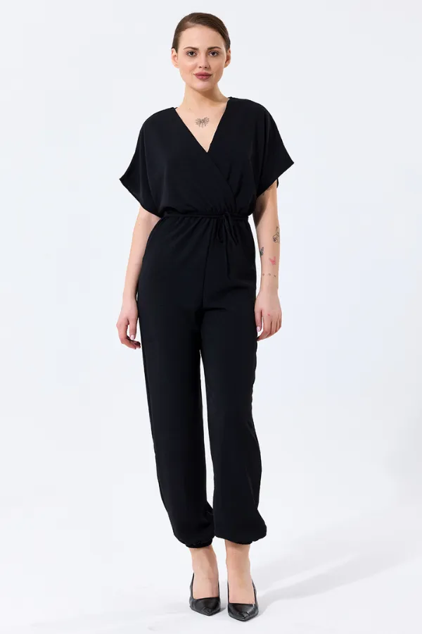 Batwing Sleeve Jumpsuit with Elastic Waist in Classic Black