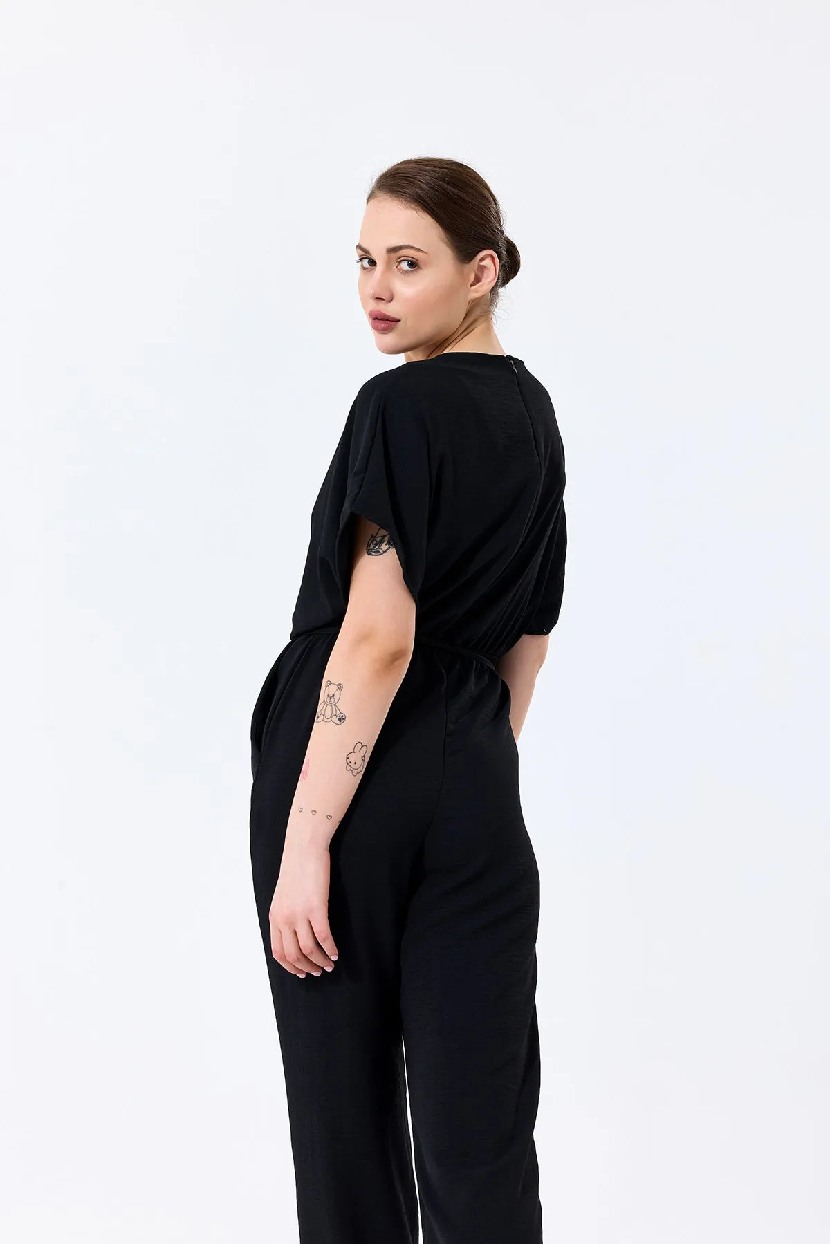 Batwing Sleeve Jumpsuit with Elastic Waist in Classic Black