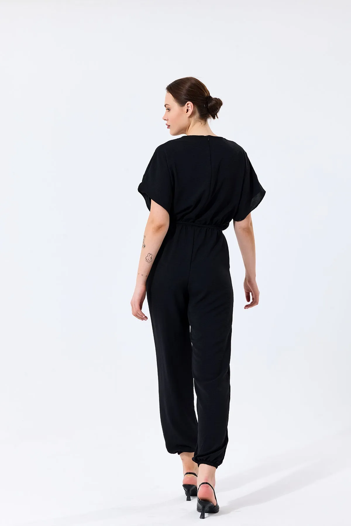 Batwing Sleeve Jumpsuit with Elastic Waist in Classic Black