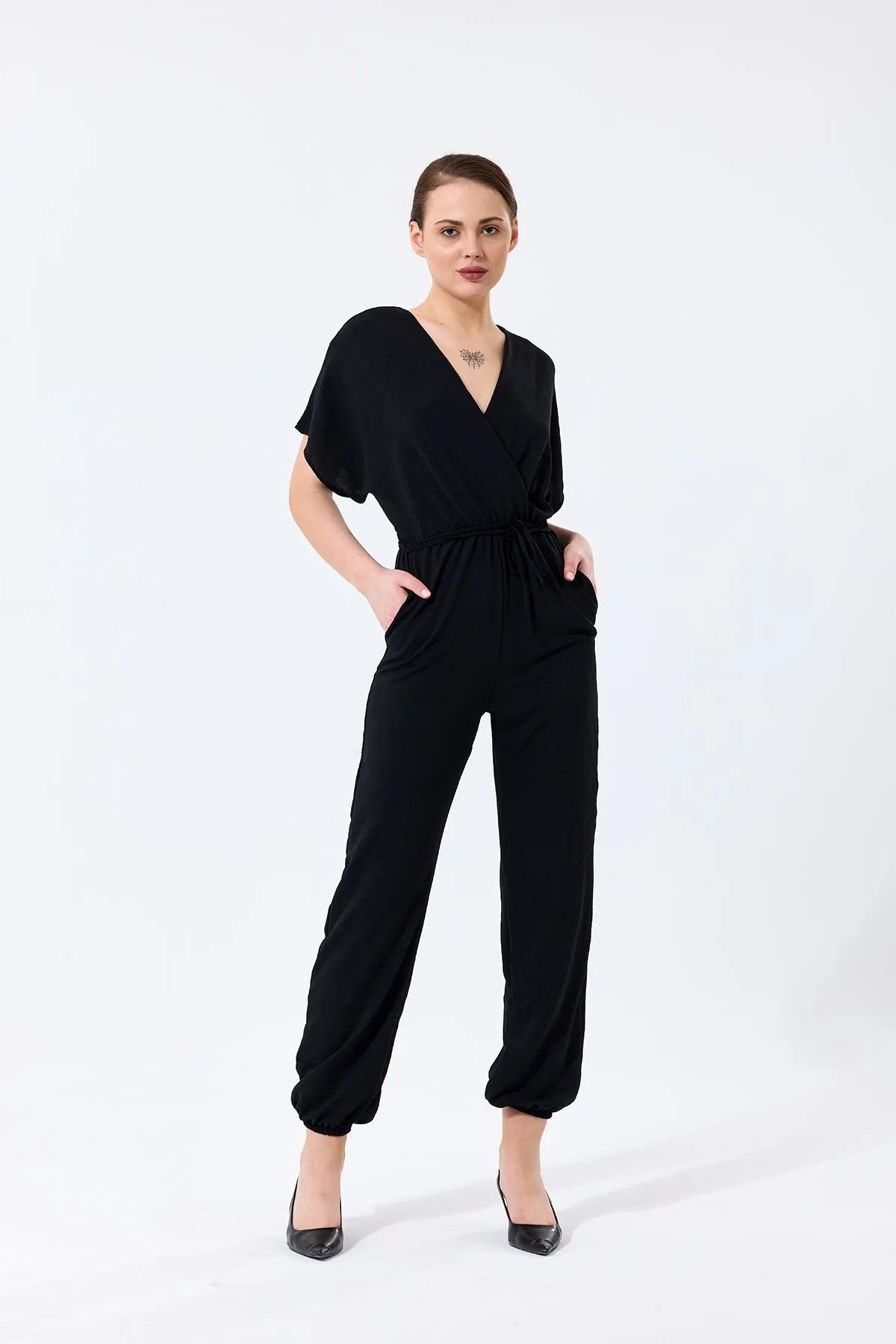 Batwing Sleeve Jumpsuit with Elastic Waist in Classic Black