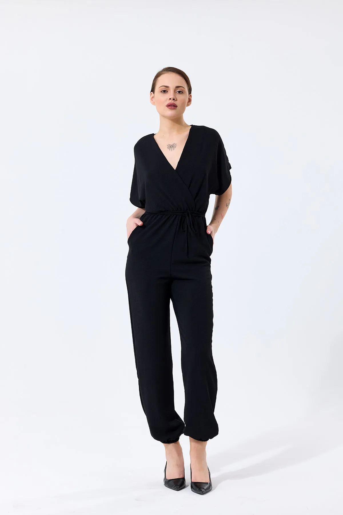 Batwing Sleeve Jumpsuit with Elastic Waist in Classic Black