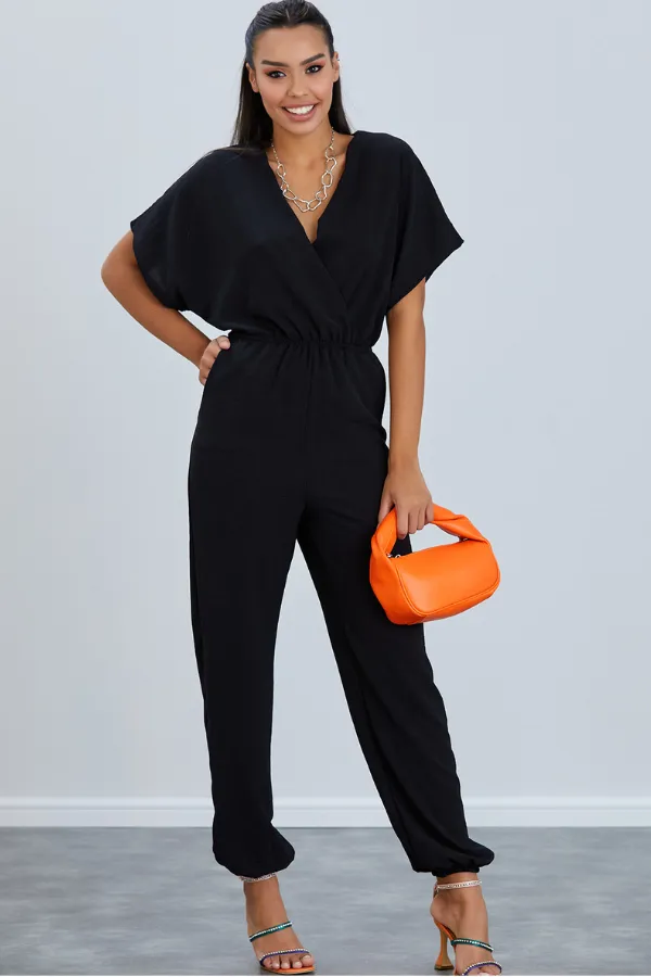 Batwing Sleeve Jumpsuit with Elastic Waist in Classic Black