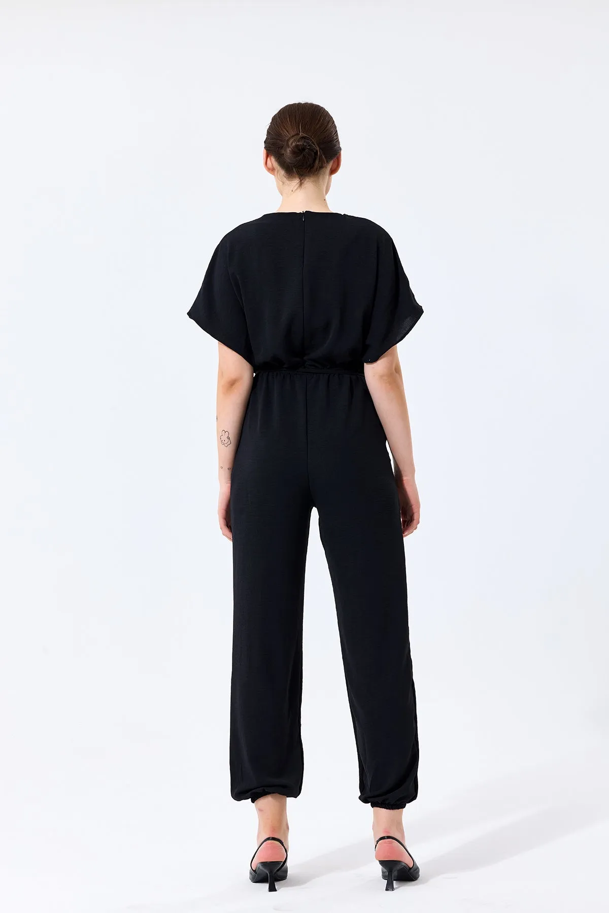 Batwing Sleeve Jumpsuit with Elastic Waist in Classic Black