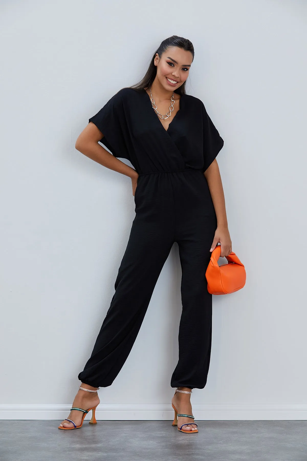 Batwing Sleeve Jumpsuit with Elastic Waist in Classic Black