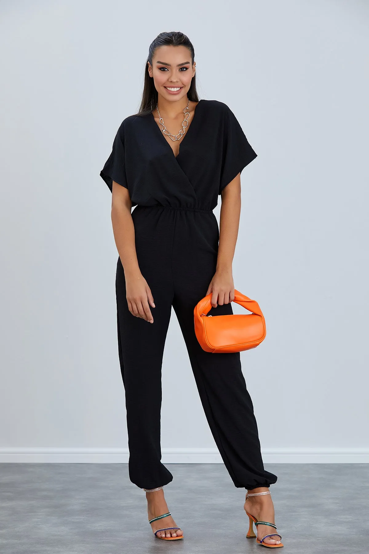 Batwing Sleeve Jumpsuit with Elastic Waist in Classic Black