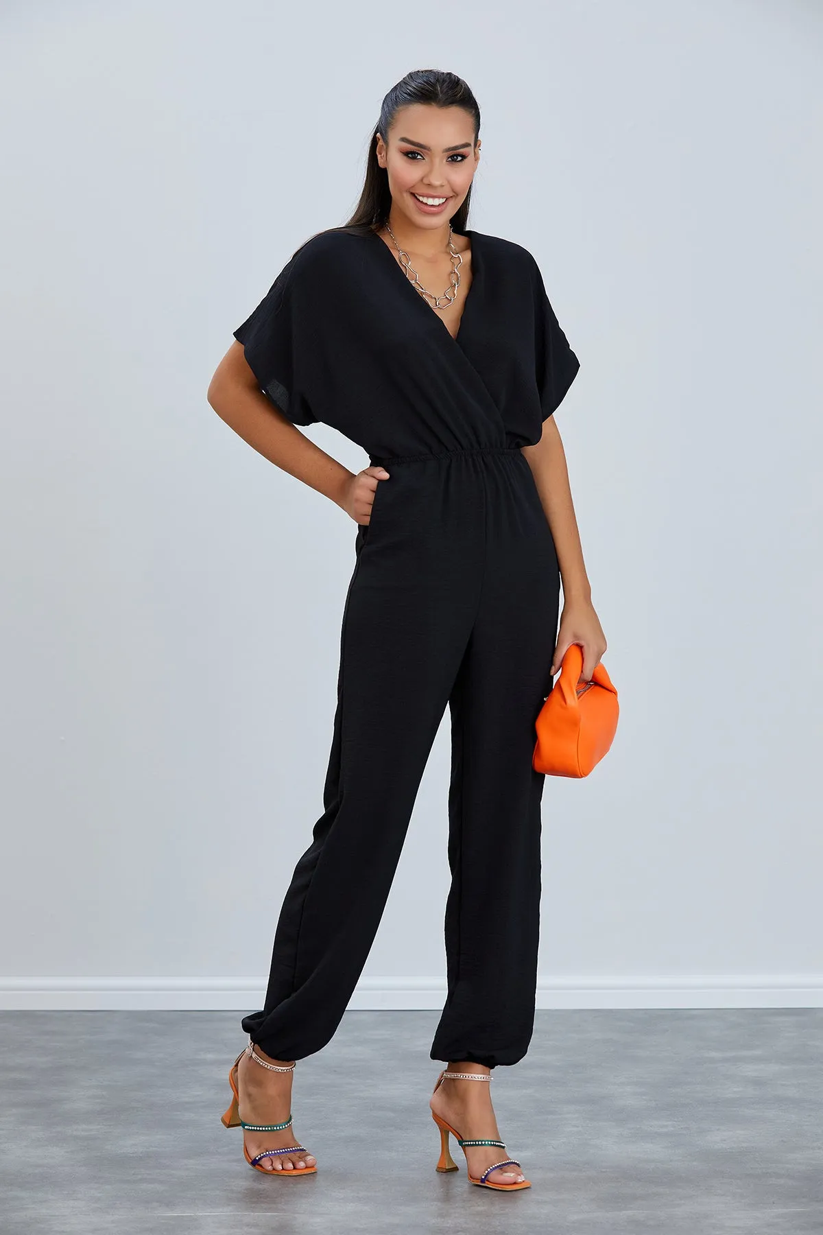 Batwing Sleeve Jumpsuit with Elastic Waist in Classic Black