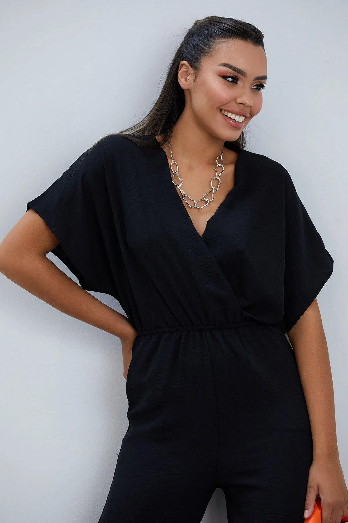 Batwing Sleeve Jumpsuit with Elastic Waist in Classic Black