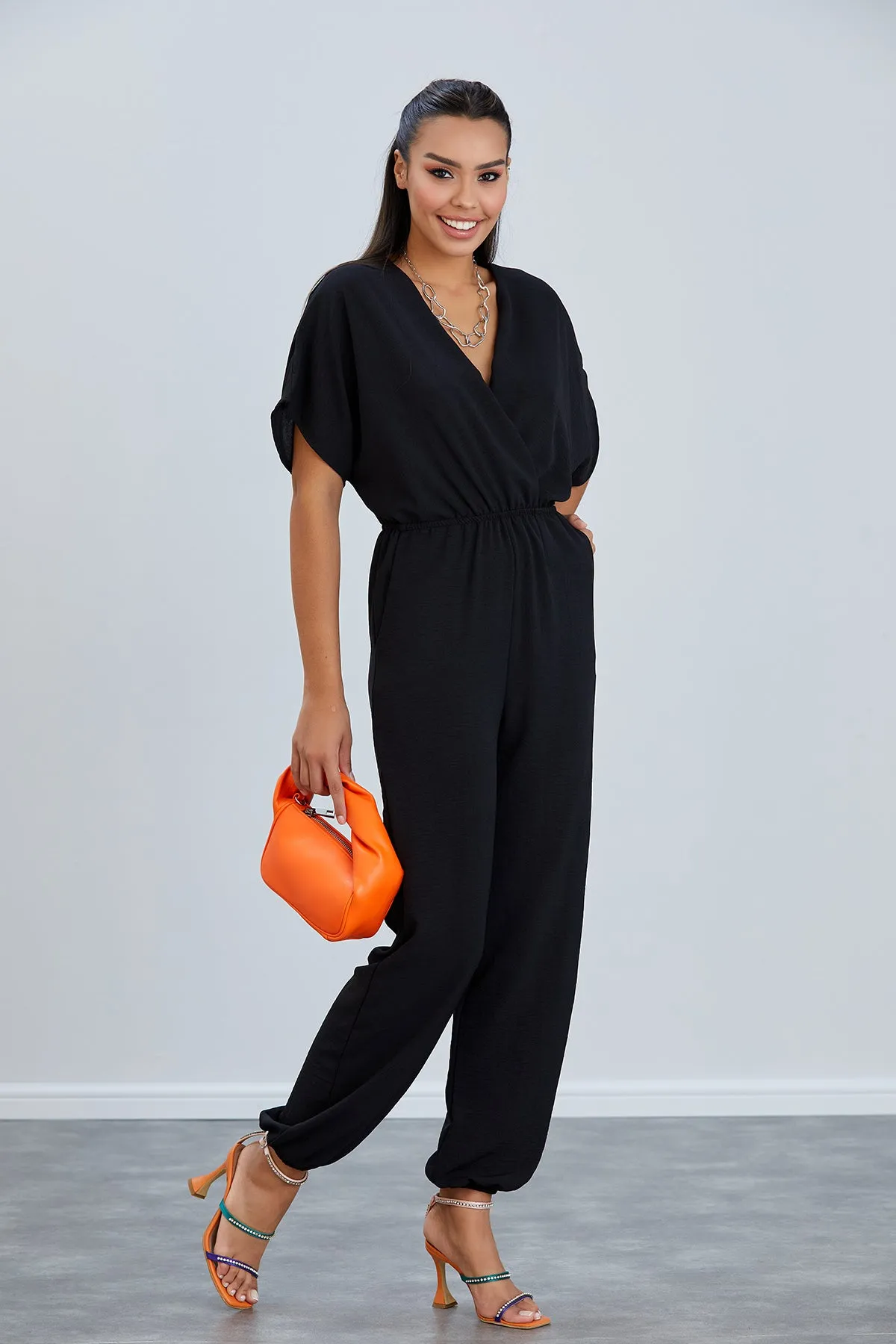 Batwing Sleeve Jumpsuit with Elastic Waist in Classic Black