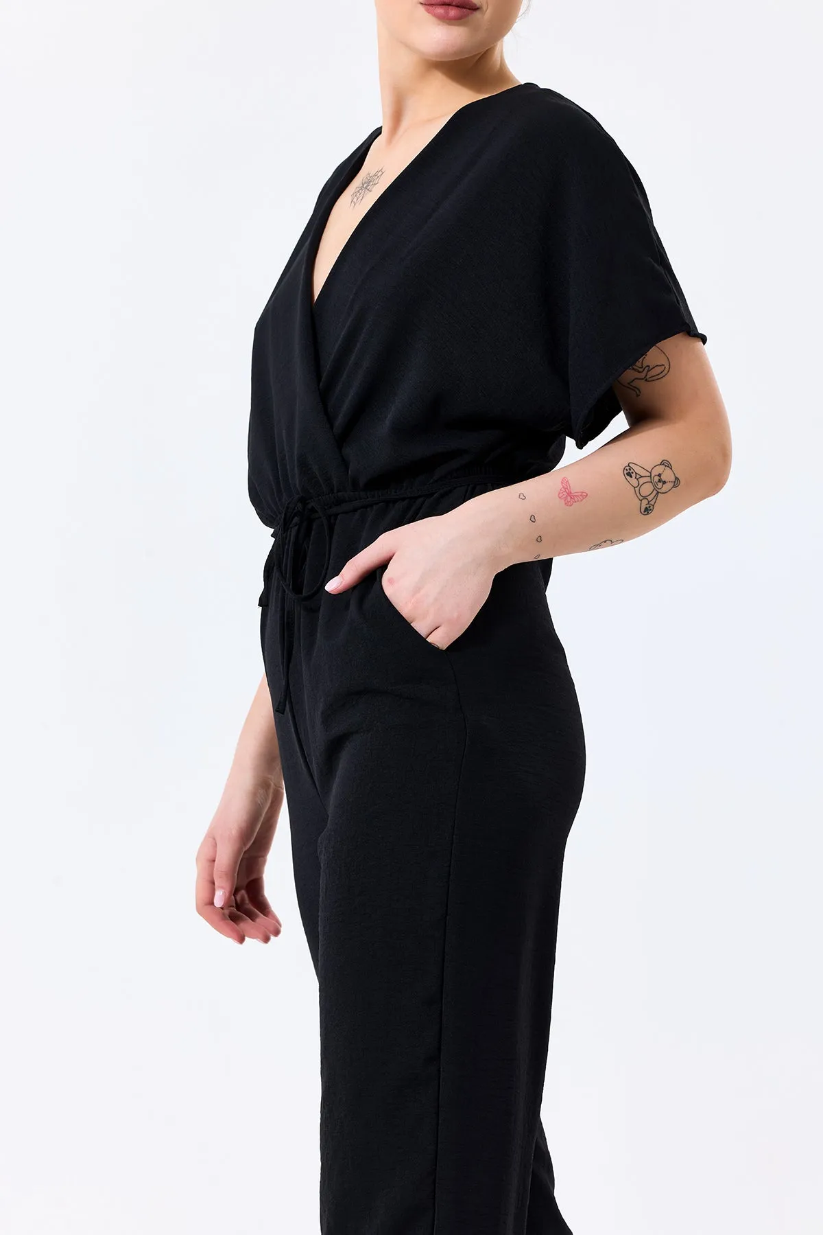 Batwing Sleeve Jumpsuit with Elastic Waist in Classic Black