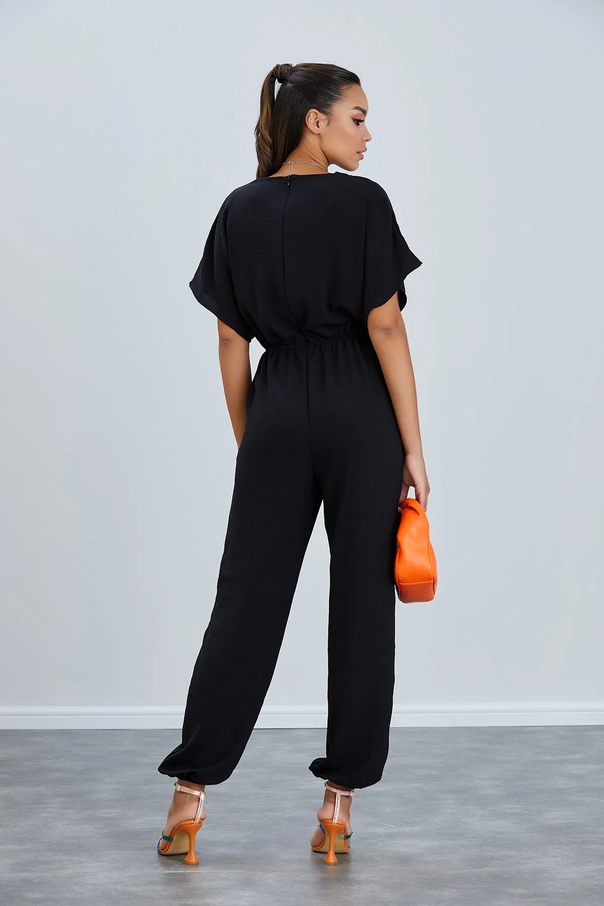 Batwing Sleeve Jumpsuit with Elastic Waist in Classic Black