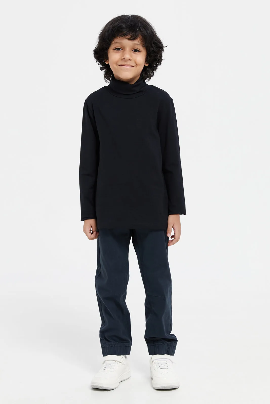 Boys Black And Charcoal Plain High Neck T-Shirt (2 Piece)