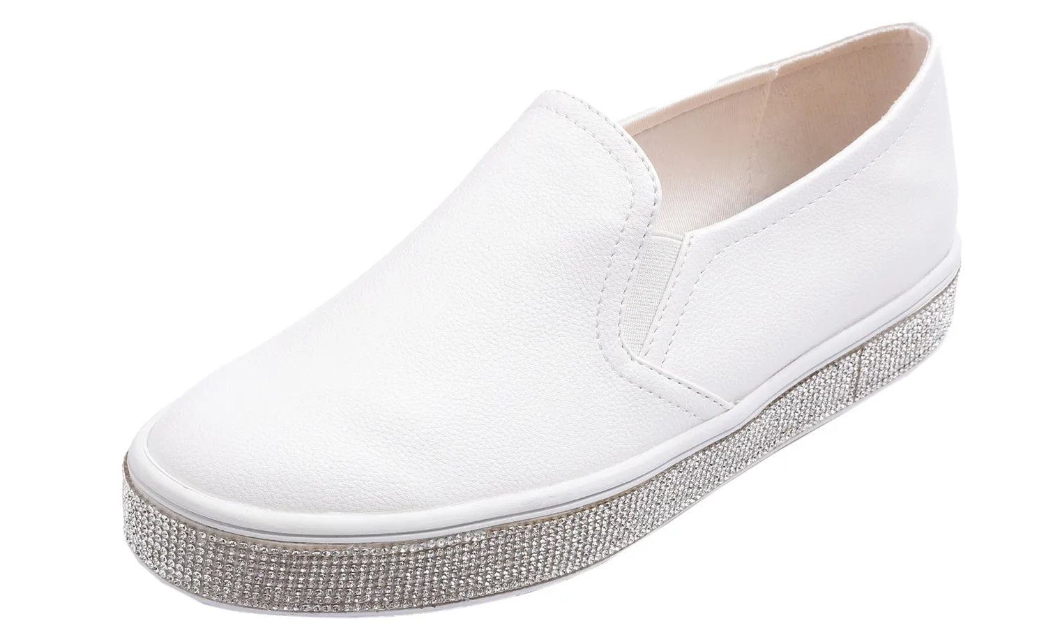 Feversole Women's Fashion Slip-On Sneaker Casual Platform Loafers White Silver Rhinestone Shoes