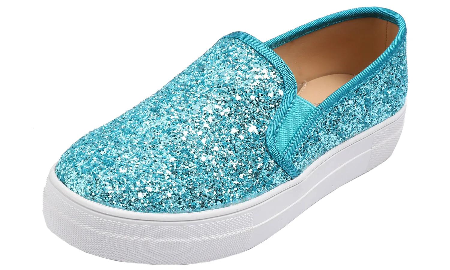 Feversole Women's Glitter Turquoise Platform Slip On Sneaker Casual Flat Loafers