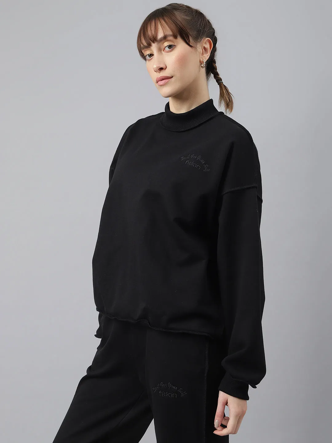 Fitkin Women Black Crew Neck Oversized Designer Sweatshirt