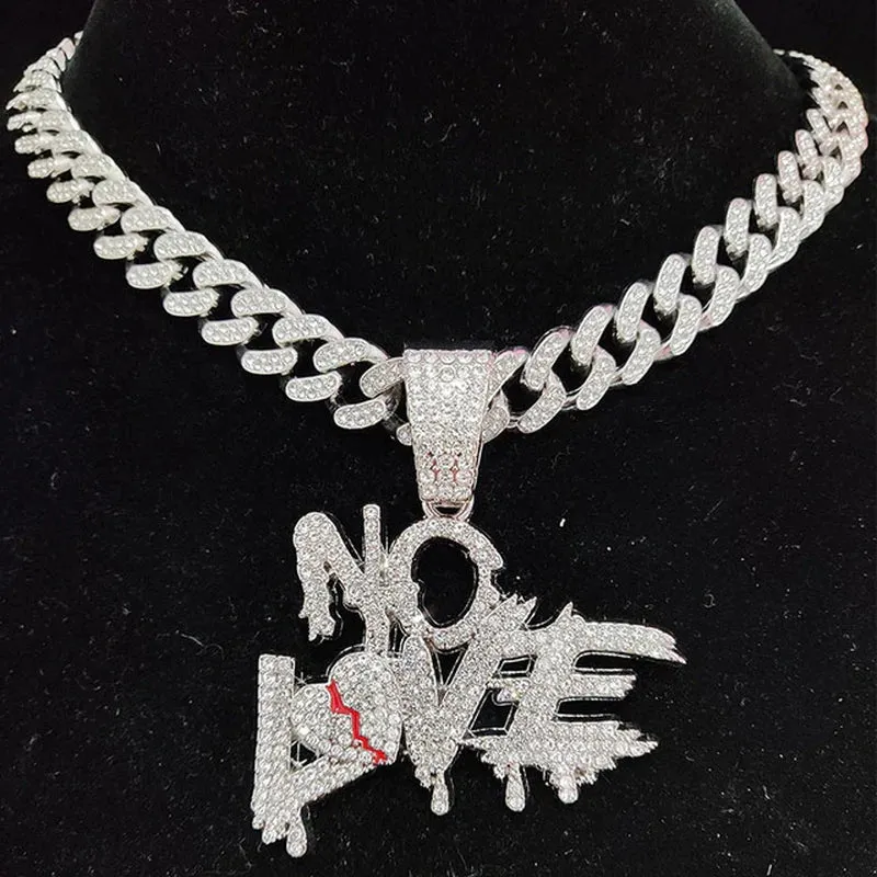 Iced Out Bling with a Twist: Hip Hop Cuban Chains 'NO LOVE' Necklace Pendants | Heart-Broke Statement Jewelry for Stylish Men and Women | Unleash Your Unique Style!