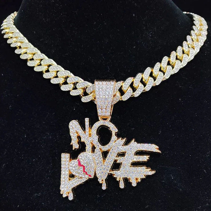 Iced Out Bling with a Twist: Hip Hop Cuban Chains 'NO LOVE' Necklace Pendants | Heart-Broke Statement Jewelry for Stylish Men and Women | Unleash Your Unique Style!