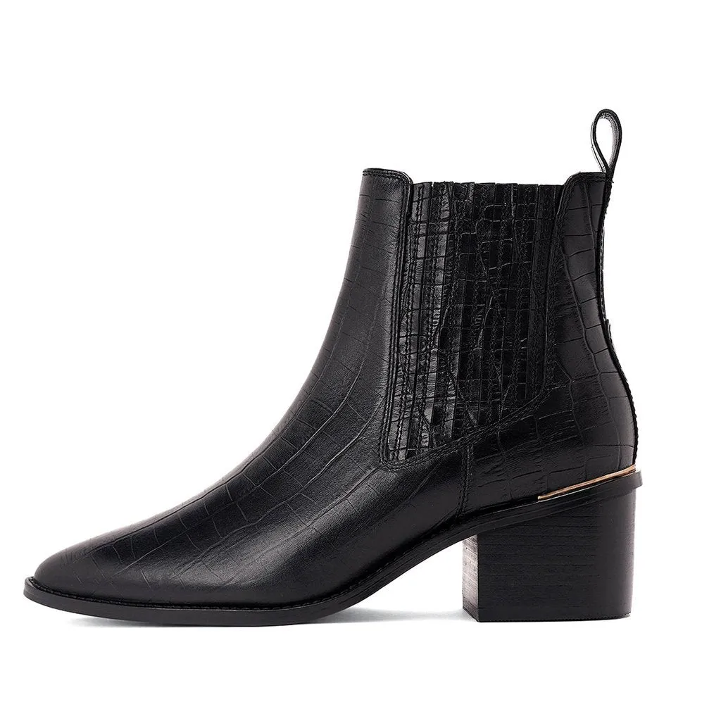 Ilaria Black Croco Print Leather Ankle Boots