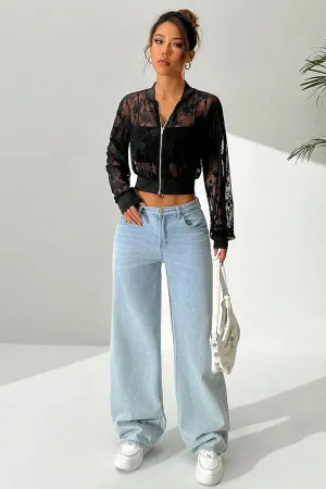 Jacquard Lace See Through Zipper Crop Jacket