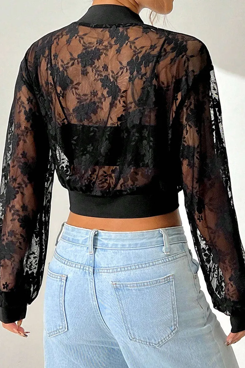 Jacquard Lace See Through Zipper Crop Jacket