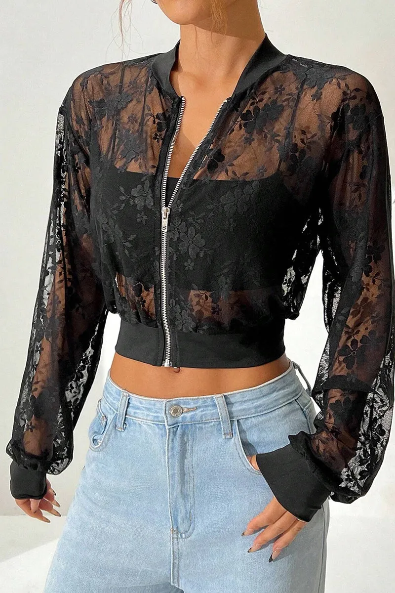 Jacquard Lace See Through Zipper Crop Jacket