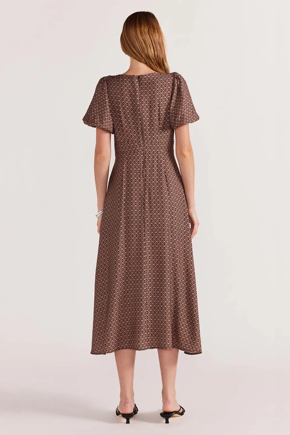 Memoir Brown Geometric Print Puff Sleeve Midi Dress