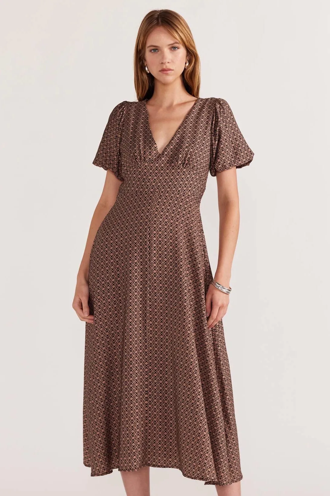 Memoir Brown Geometric Print Puff Sleeve Midi Dress