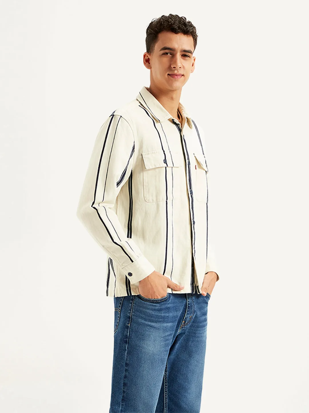 Men's Striped White Regular Fit Shacket